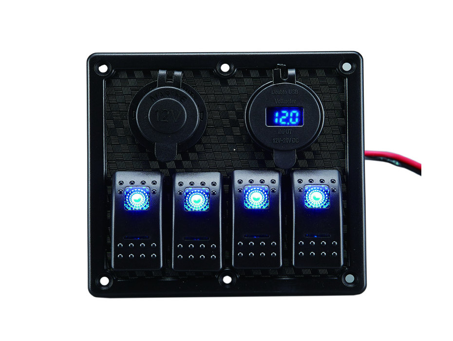 Tableau électrique 4 interrupteurs avec double prise USB, allume cigare et voltmètre