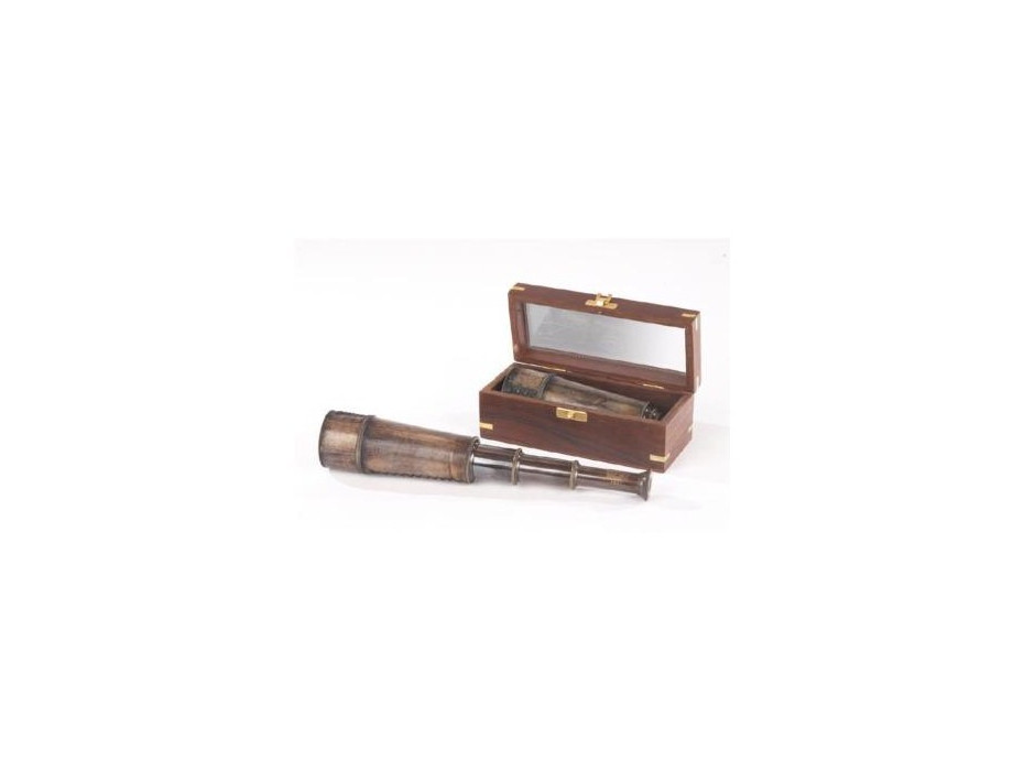 Longue vue laiton vieilli et cuir dans son coffret en bois vitré